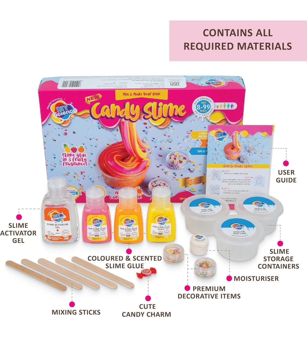 Colorful kit for slime with activator, glue, storage containers, and mixing sticks for kids