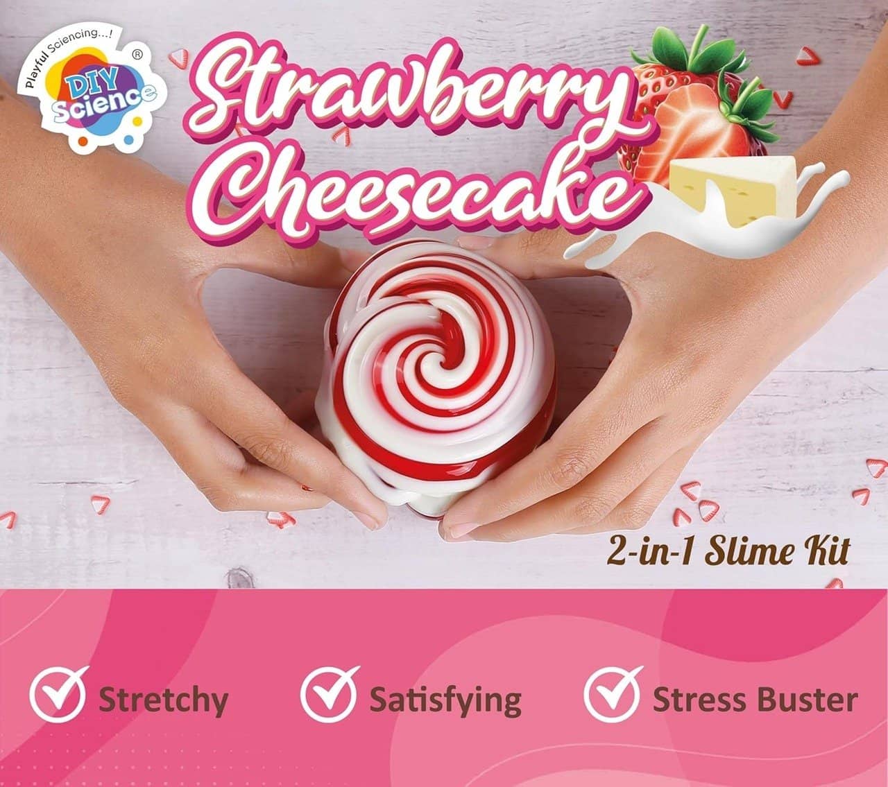 Strawberry cheesecake cake slime kit in colorful packaging for creative kids and stress relief