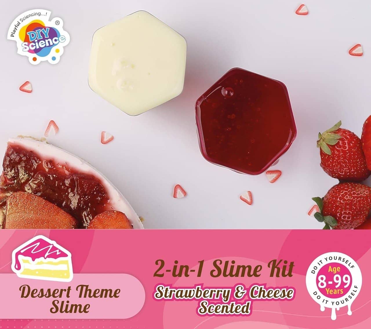 2-in-1 DIY slime kit in strawberry cheesecake cake theme for ages 8-99, includes strawberry and cheese scented slimes