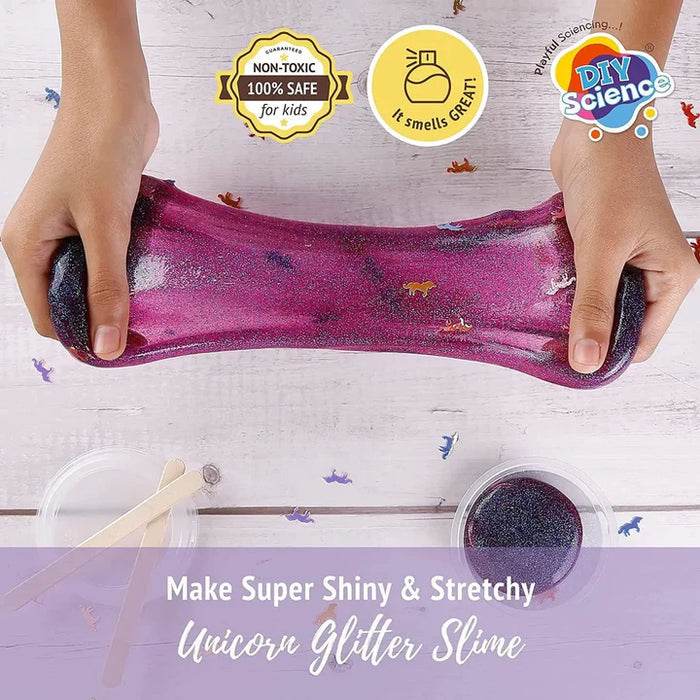 Fundoo labs unicorn slime making kit for kids with shiny stretchy purple glitter slime and dinosaur confetti