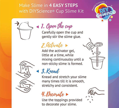 DIY science slime set instructions showing four easy steps to make slime with Fundoo Labs