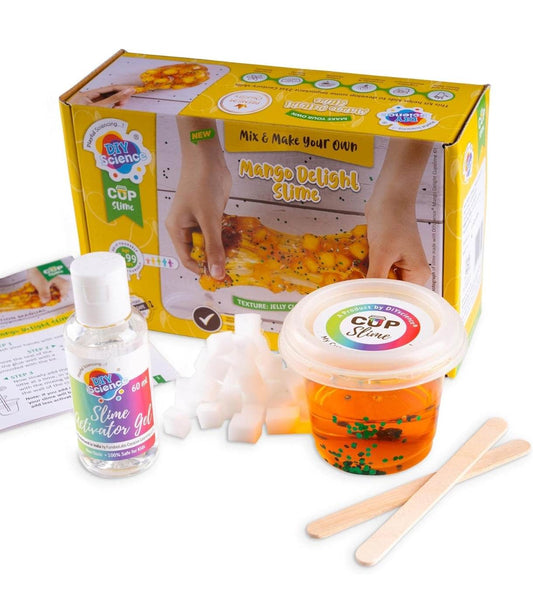DIYScience® Mango Delight Slime Kit, Slime Making Kit, 8+ Years, Make Super Shiny & Stretchy Jelly Cube Slime, Mango Scented Slime Glitter Glue, Activator Gel, Ultralight Foam Cubes - T-Rex the toyland Sitamarhi