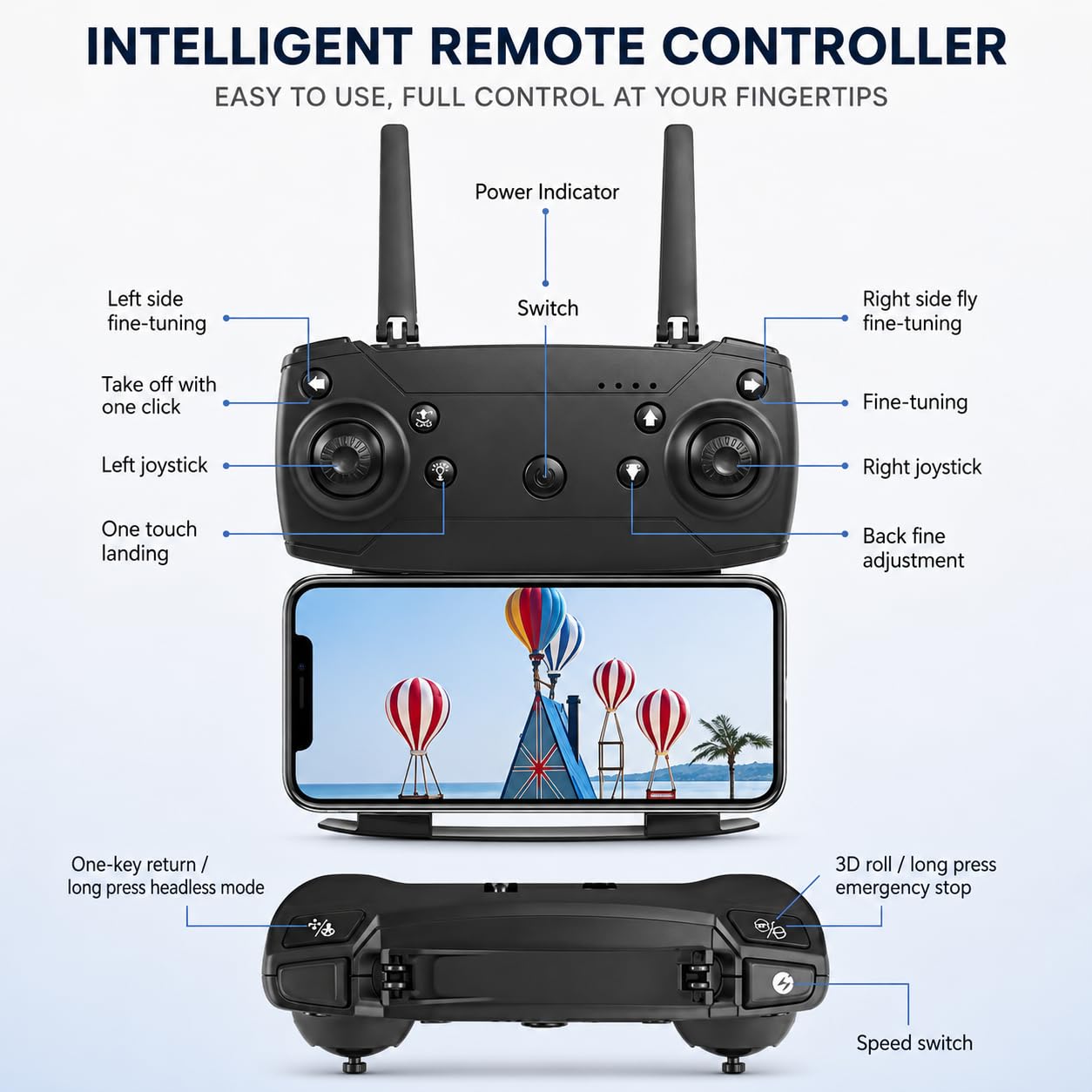 Black remote controller for DJI Mini 4K drone with various control features and smartphone holder