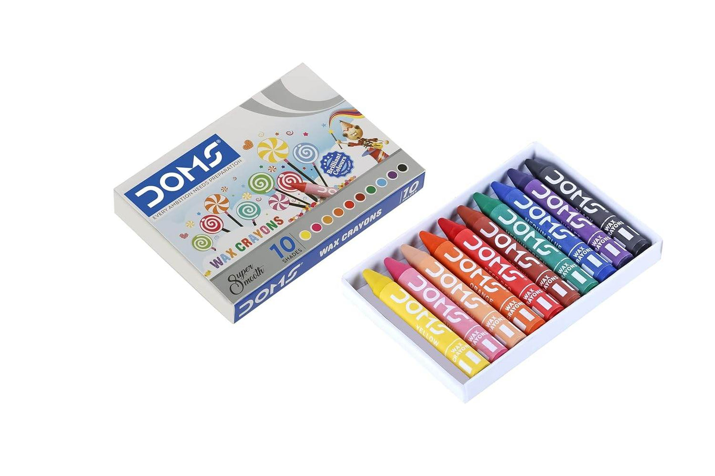 DOMS Fun Fiesta art kit with 10 vibrant wax crayons in an open box for creative coloring