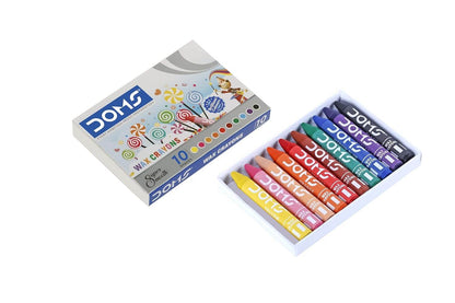 DOMS Fun Fiesta art kit with 10 vibrant wax crayons in an open box for creative coloring