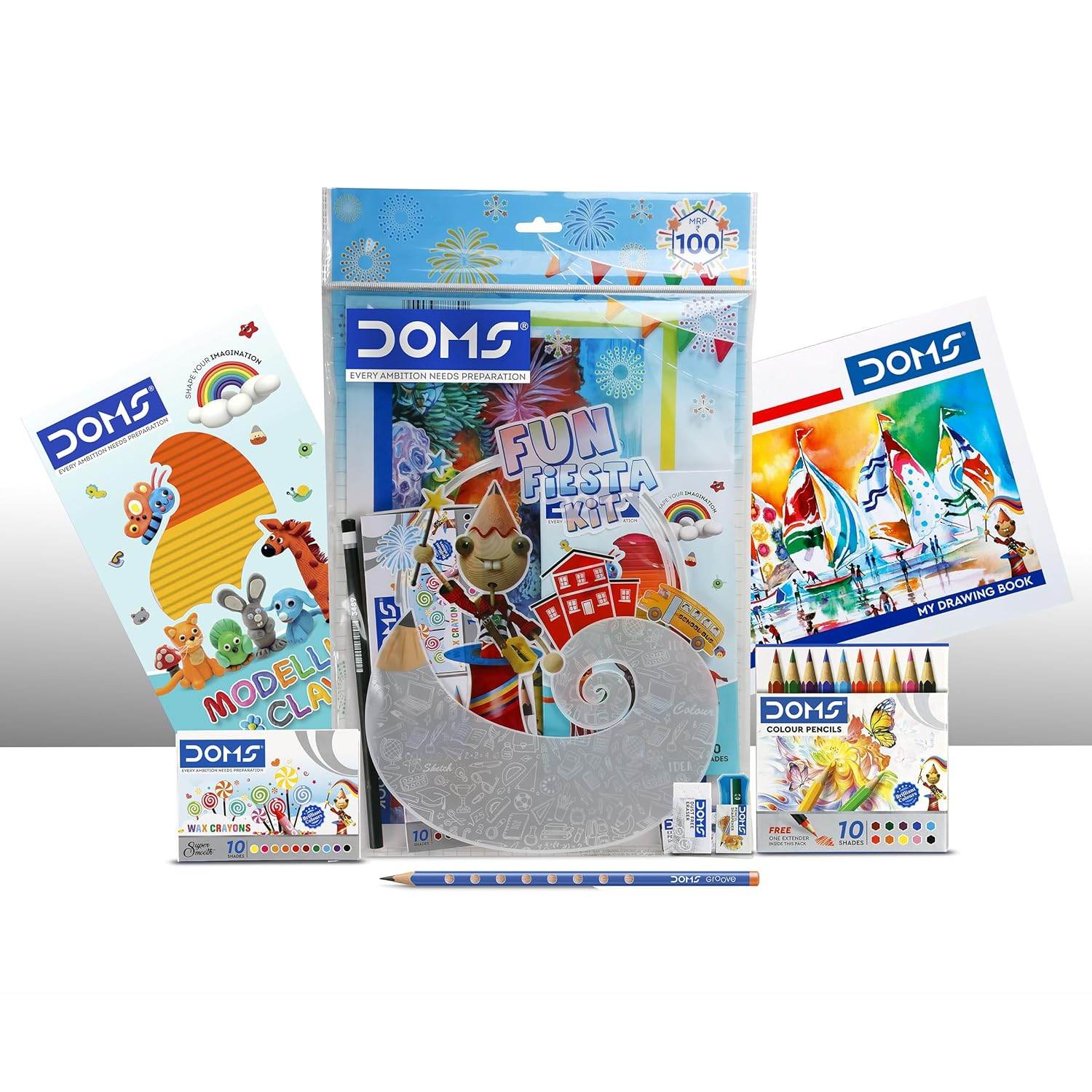 DOMS Fun Fiesta art kit with modeling clay, crayons, color pencils, drawing book, and art supplies set