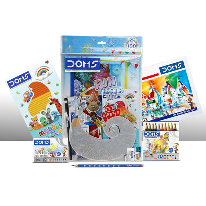 DOMS Fun Fiesta art kit with modeling clay, crayons, color pencils, drawing book, and art supplies set