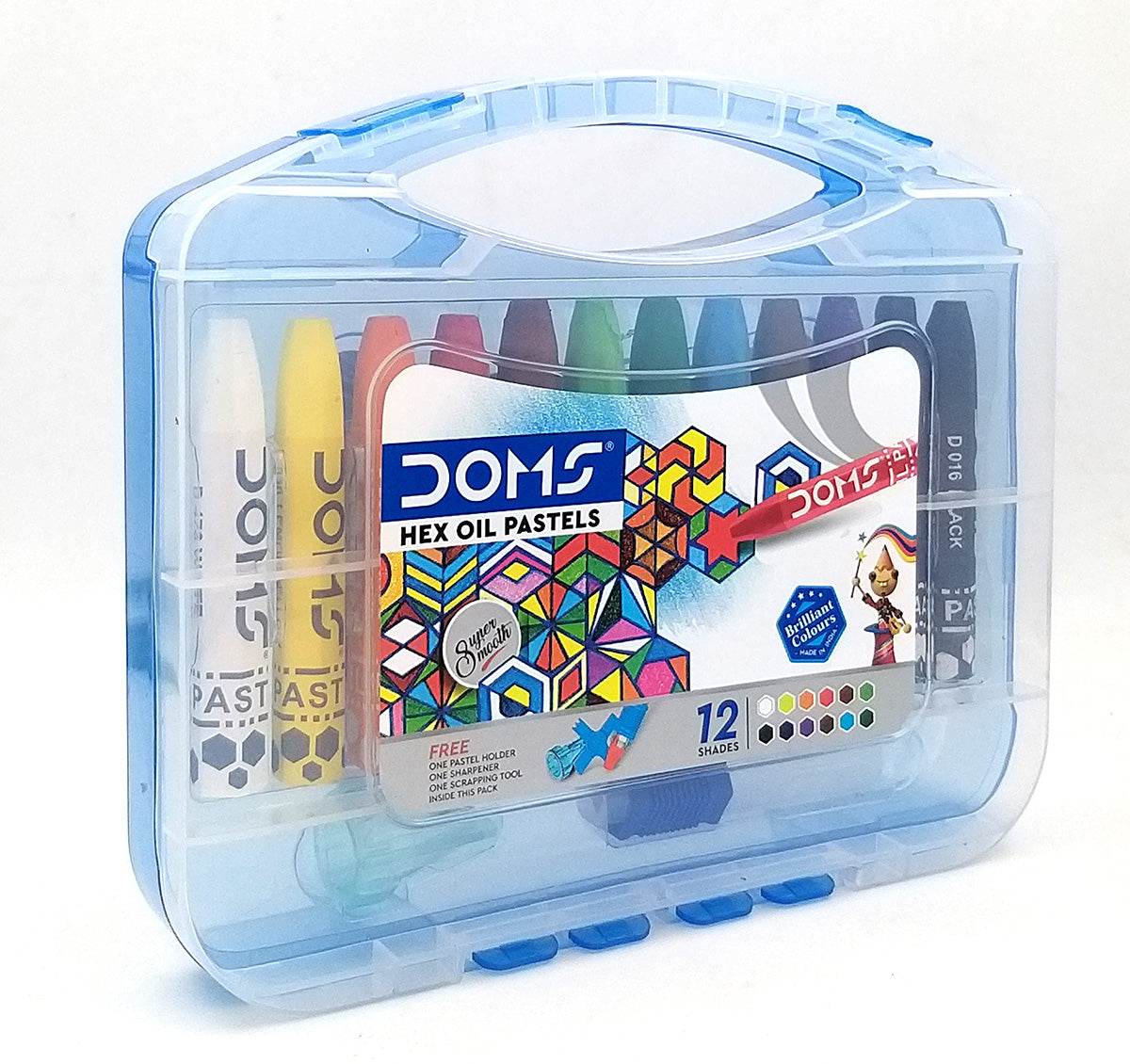 Doms hex oil pastels 12 shades in a portable blue plastic case with a handle