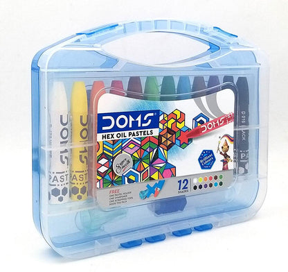 Doms hex oil pastels 12 shades in a portable blue plastic case with a handle