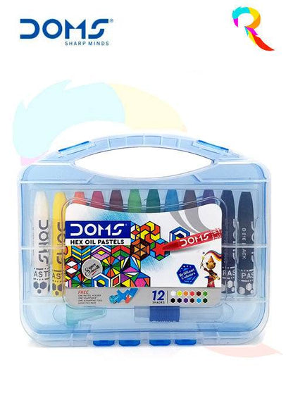 Doms hex oil pastels 12 shades in a transparent plastic carrying case with vibrant colors