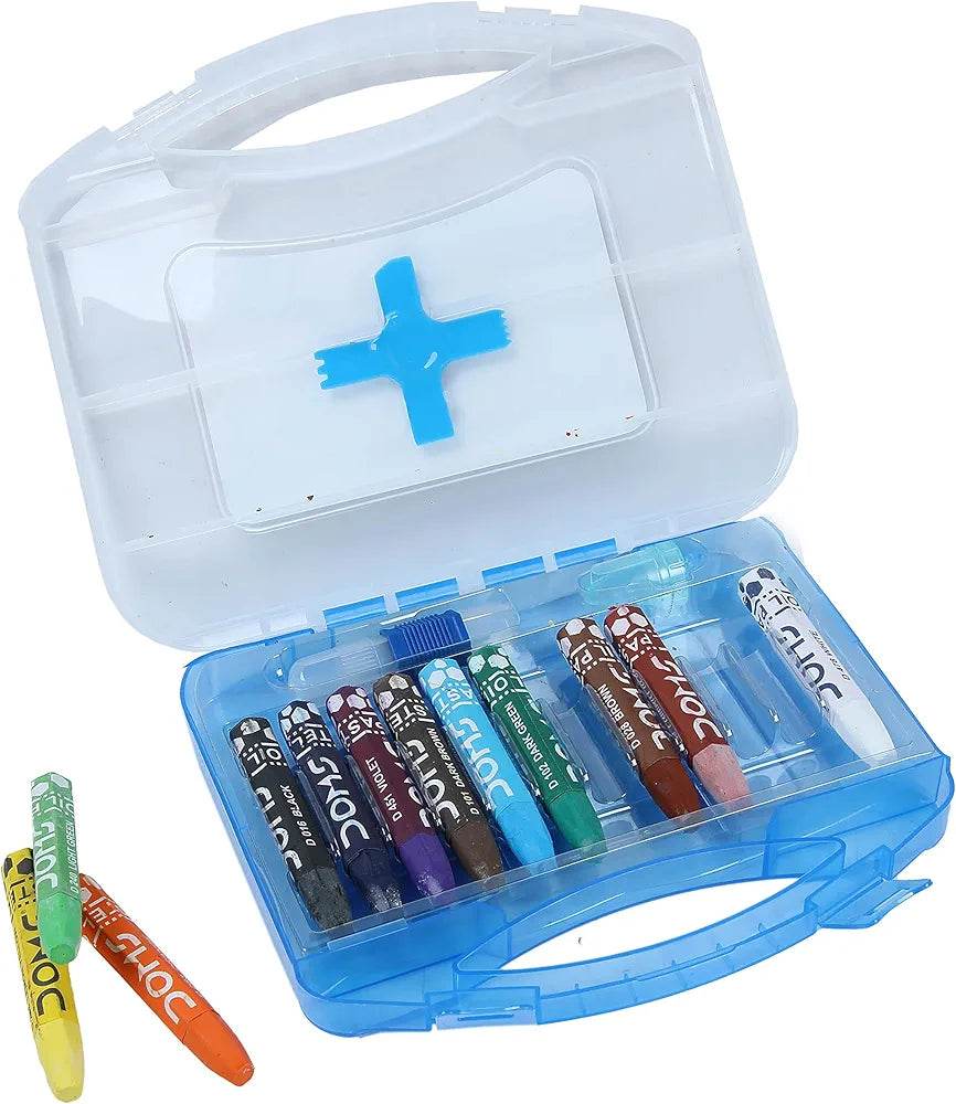 Set of Doms hex oil pastels 12 shades in a blue plastic case with a transparent lid