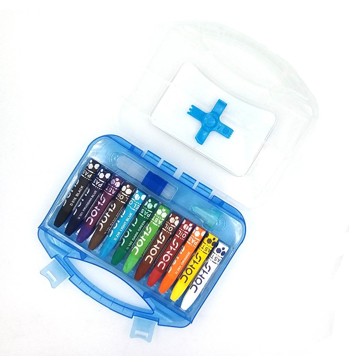 Doms hex oil pastels 12 shades in a blue plastic carrying case with translucent lid