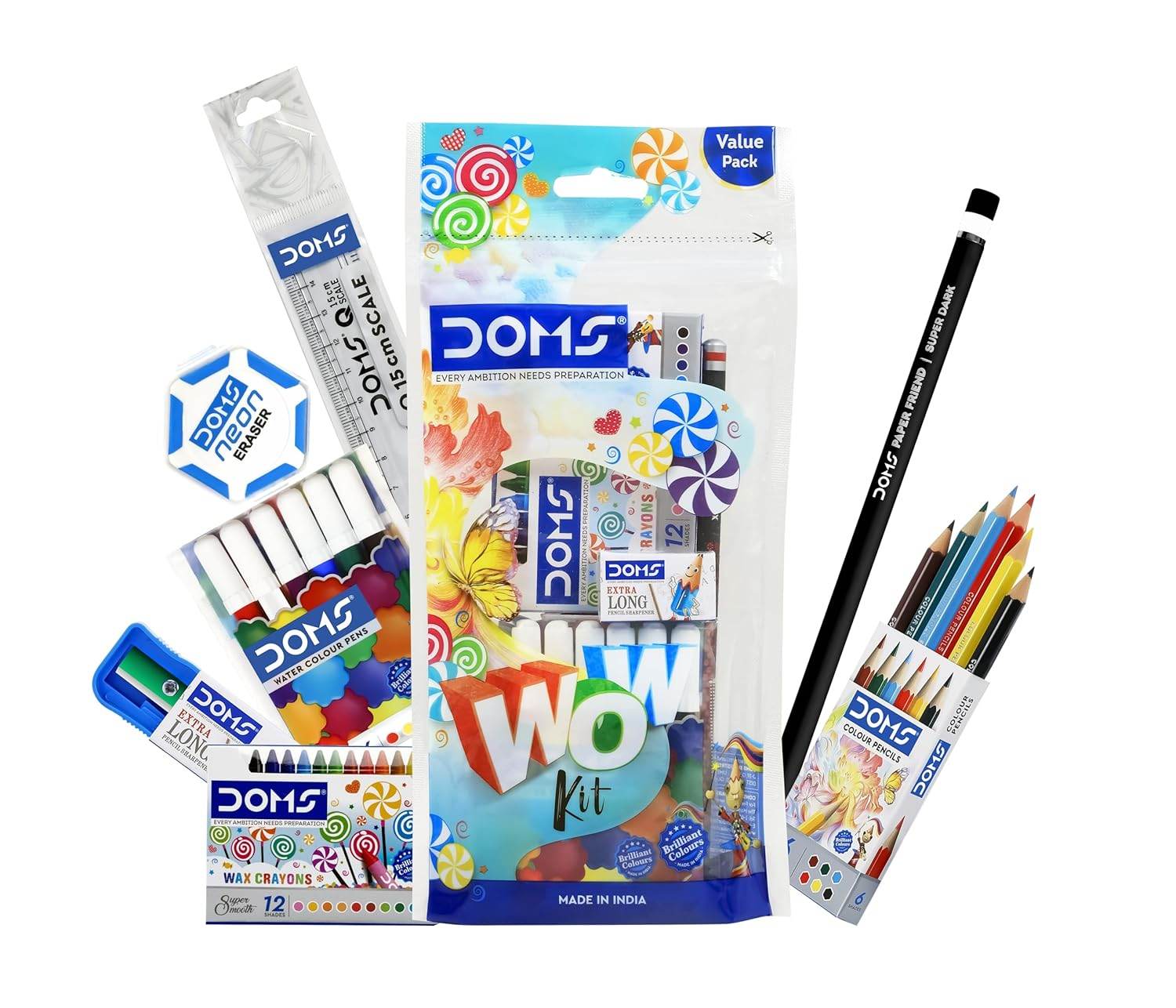 DOMS Wow Craft Kit for kids with crayons, colored pencils, eraser, ruler, sharpener, and sketch pen set