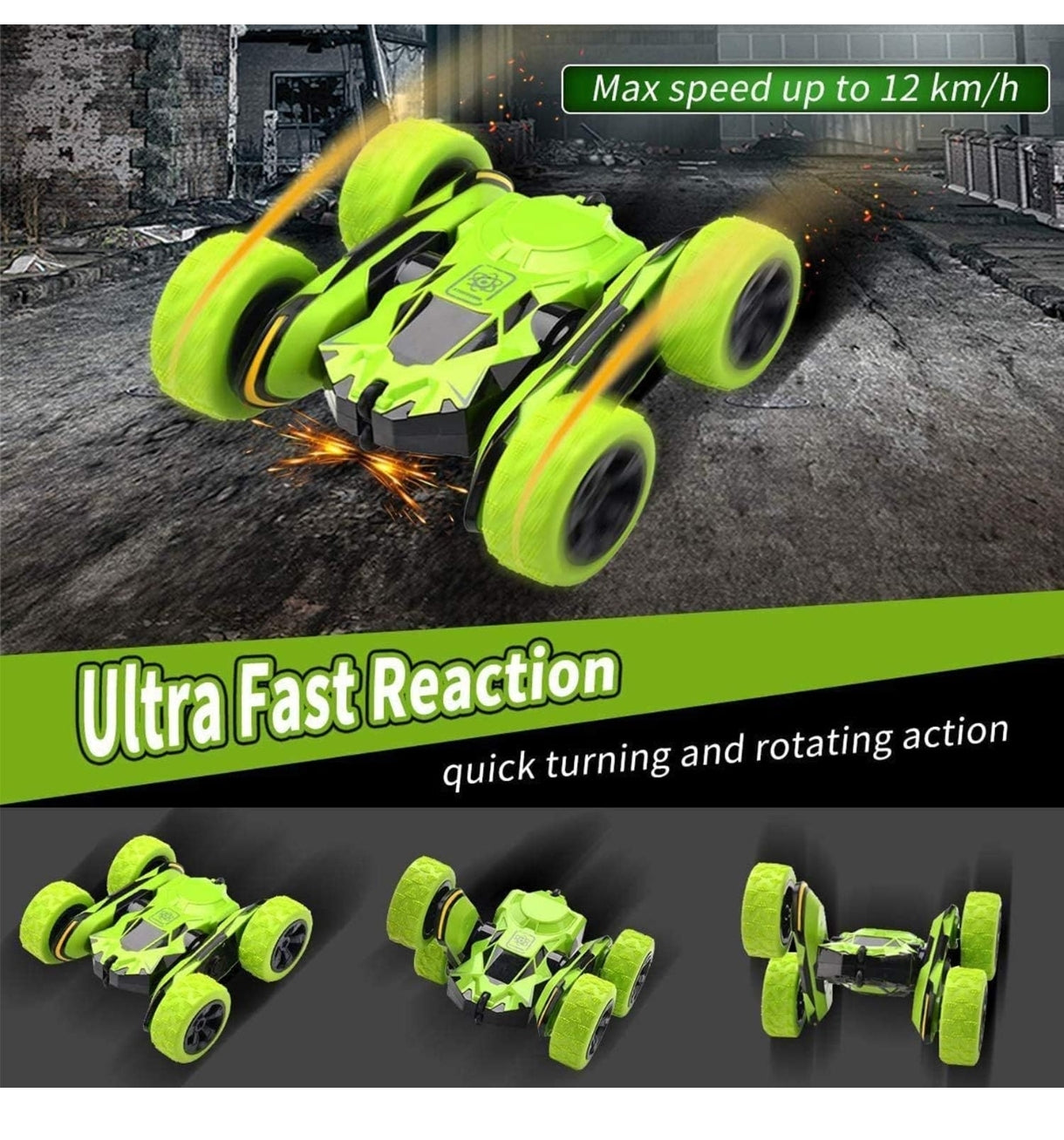 Green double sided 360 rotating stunt vehicle with ultra fast reaction and quick turning action