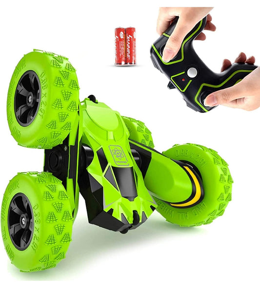 Green double sided 360 rotating stunt vehicle with remote control and rugged tires