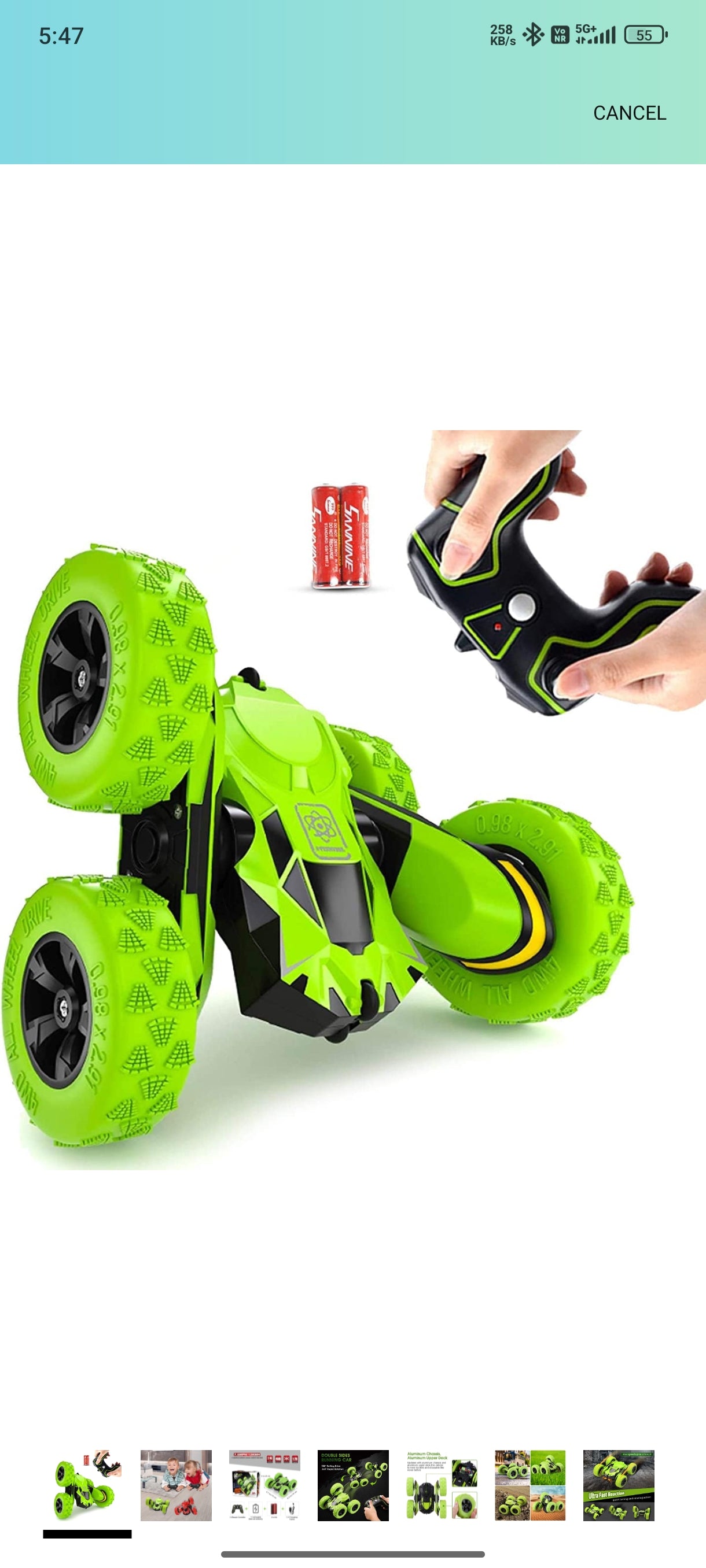 Bright green double sided 360 rotating stunt vehicle with remote control and large textured wheels
