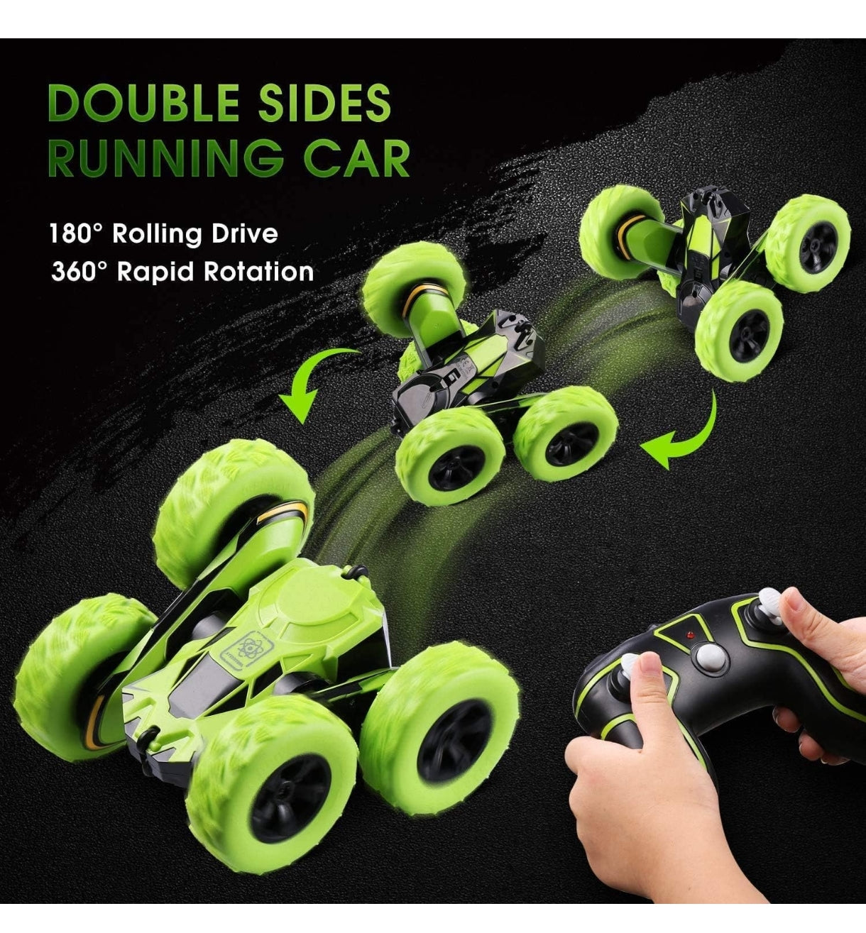 Green double sided 360 rotating stunt vehicle with remote control and 180 degree rolling drive