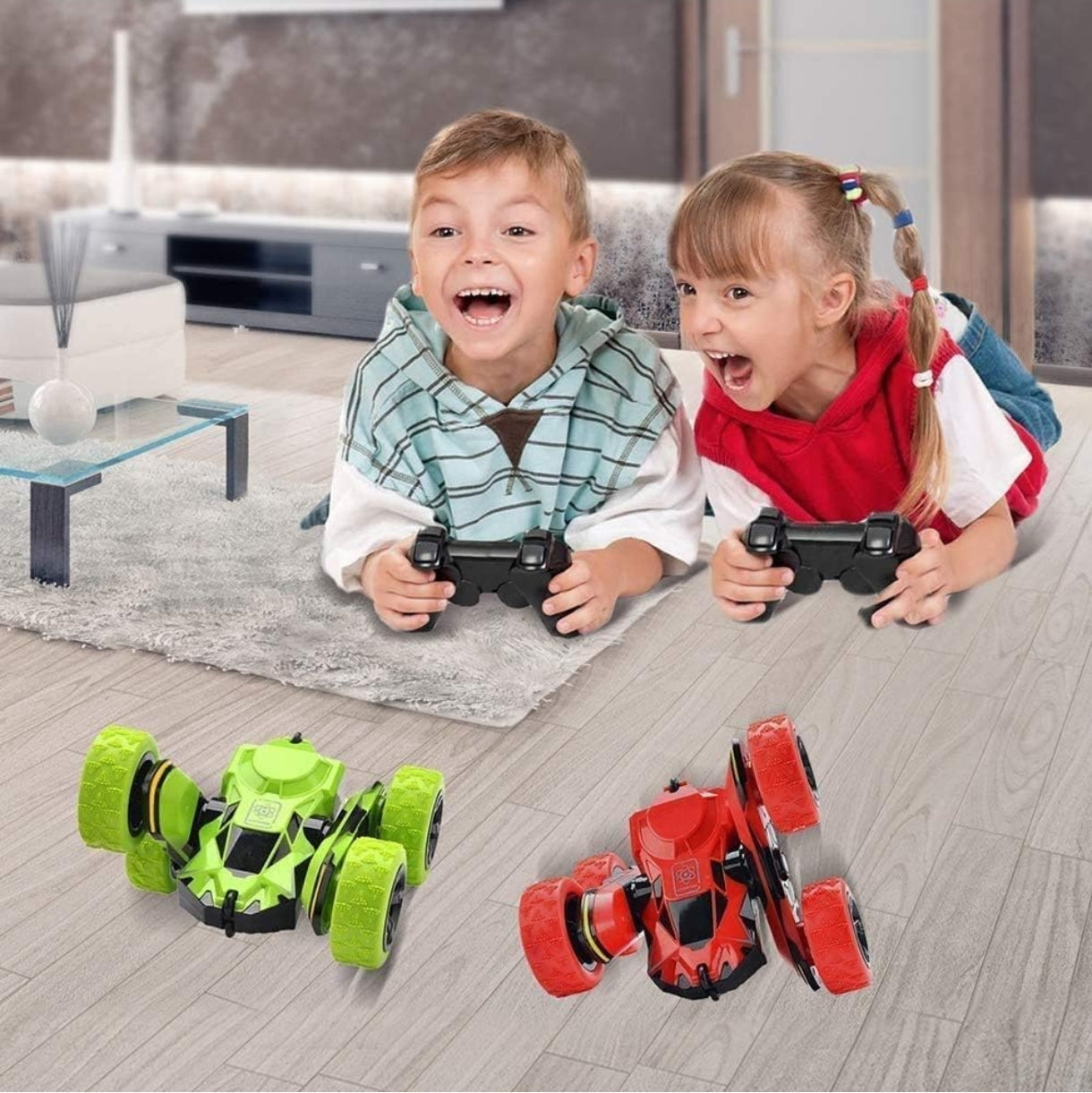 Two kids playing with double sided 360 rotating stunt vehicle remote control cars in green and red colors