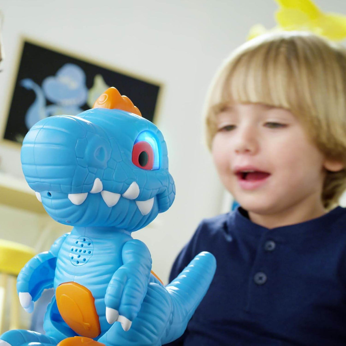 Blue interactive cat toy dinosaur for kids with sound and lights, ideal for ages 3 and up