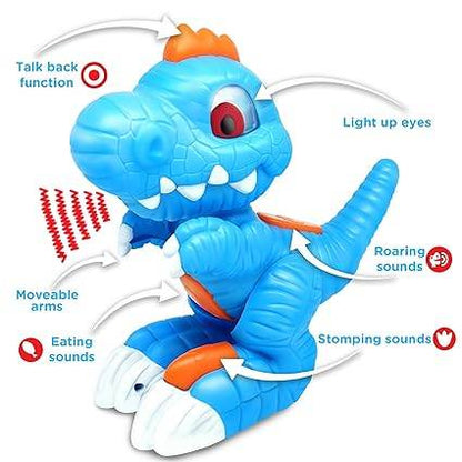 Blue interactive cat toy with moveable arms, roaring sounds, and light-up eyes