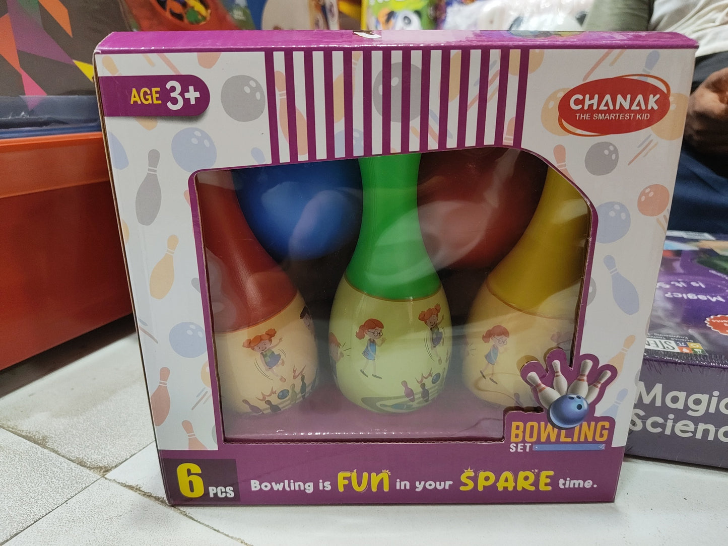 Colorful duck pins bowling set for ages 3 and up, featuring six fun pins in red, blue, green, and yellow