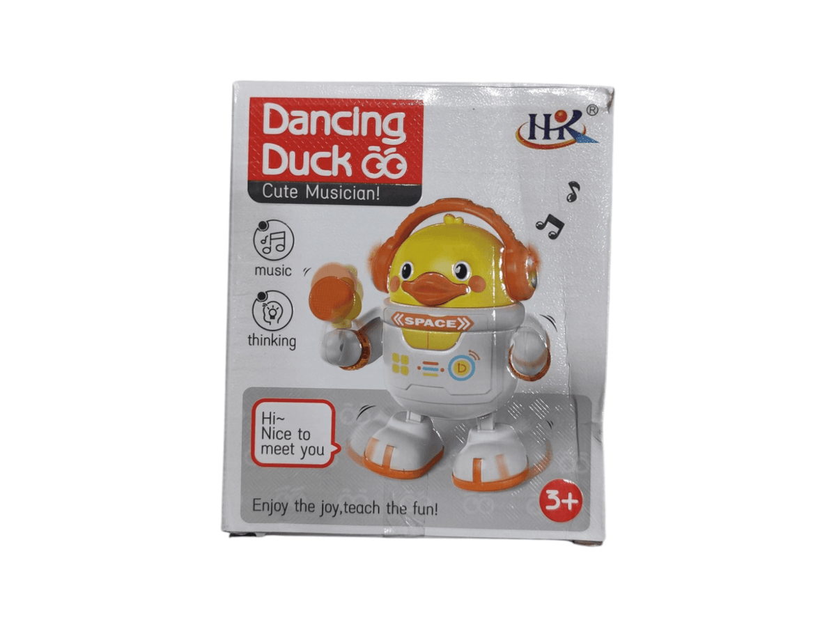 Dancing duck toy in yellow with orange headphones for 3 years and up, plays music and dances
