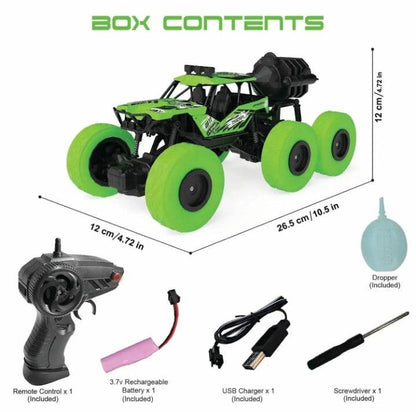Electrobotic off-road RC car for kids with green wheels and remote control, rechargeable battery, charger, dropper, and screwdriver