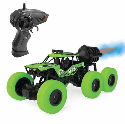 Electrobotic off-road RC car for kids with green wheels and remote control in black