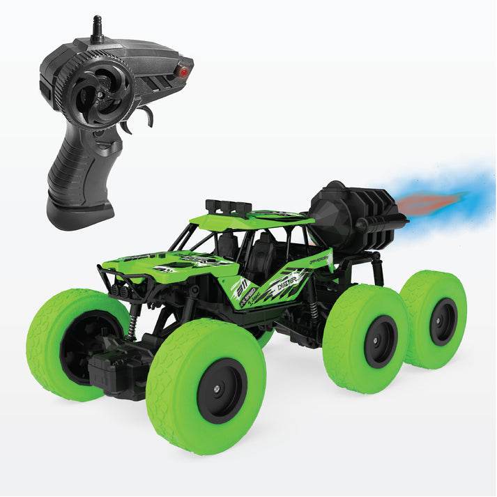 Electrobotic off-road RC car for kids with six large green wheels and remote control