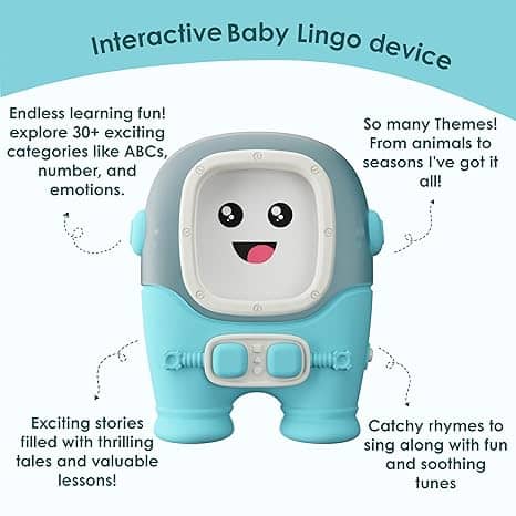 Blue interactive Baby Lingo device for ages 2-4 with educational features for learning emotions and numbers