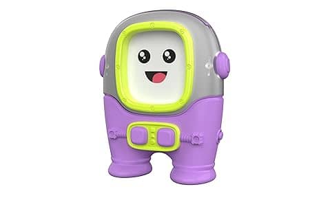 Purple and gray educational children's toy robot with smiling face for ages 2-5
