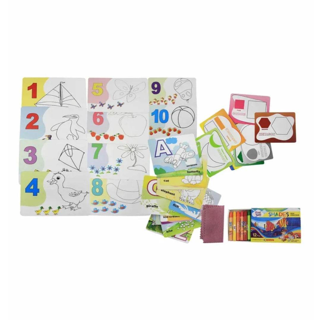 Ekta 4 in 1 Colour and Wipe Kit 48 reusable cards crayons kit coloring and learning education child creativity development - T-Rex the toyland Sitamarhi