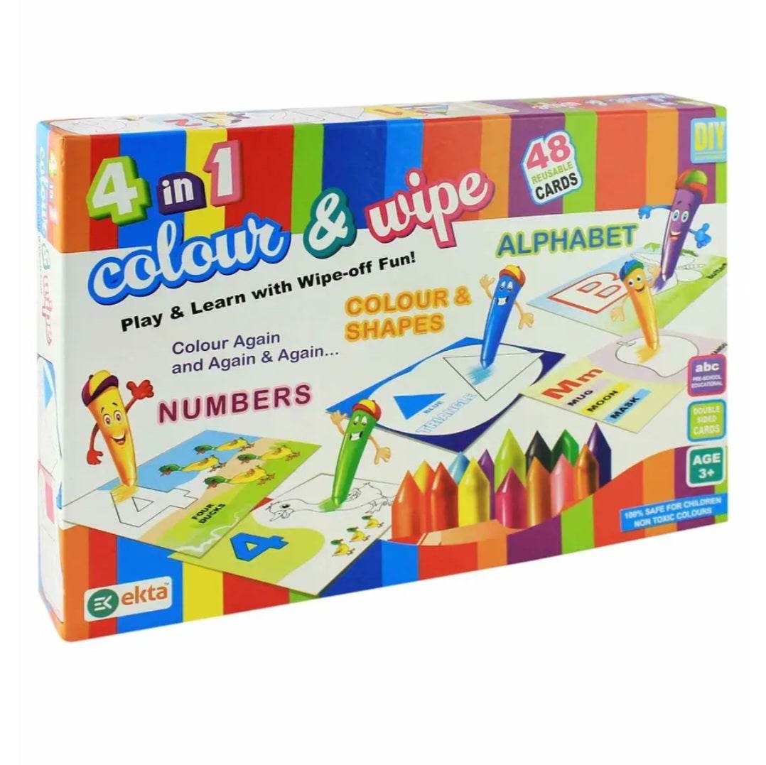 Ekta 4 in 1 Colour and Wipe Kit 48 reusable cards crayons kit coloring and learning education child creativity development - T-Rex the toyland Sitamarhi