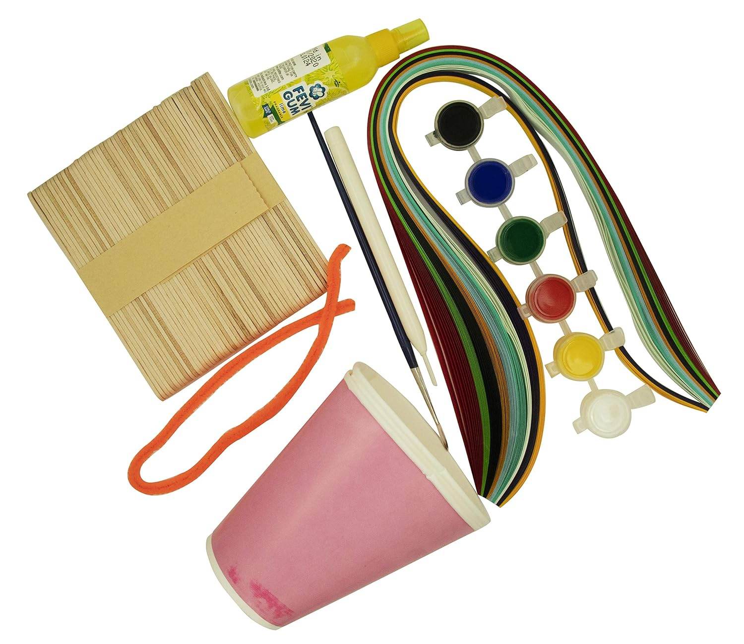 Ekta 4 in 1 craft box for kids with paint, colored paper strips, glue, popsicle sticks, pipe cleaner, and a pink cup