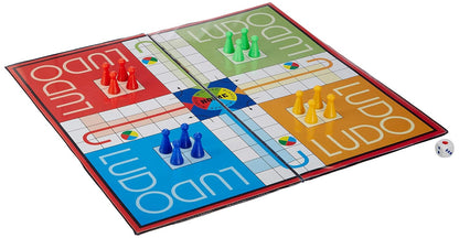 Colorful Ludo board game with pawns and dice for family fun, suitable for all ages