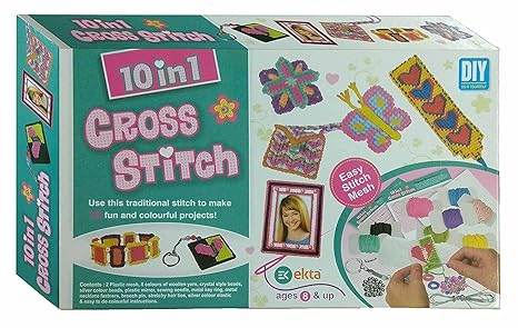 Ekta 10 in 1 cross stitch craft kit for girls with colorful thread and easy stitch mesh