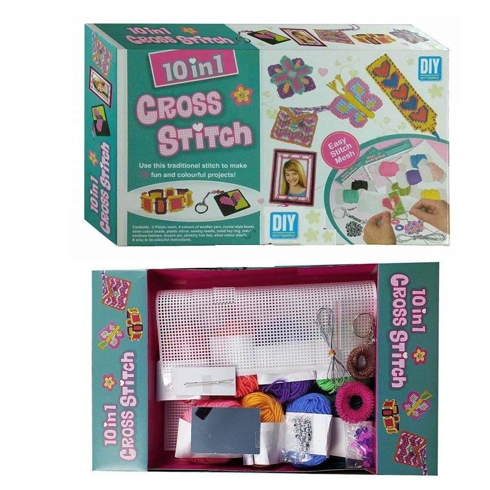 Ekta 10in1 cross stitch craft kit for girls with colorful threads and easy stitch mesh