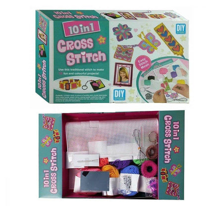 Ekta 10in1 cross stitch craft kit for girls with colorful threads and easy stitch mesh