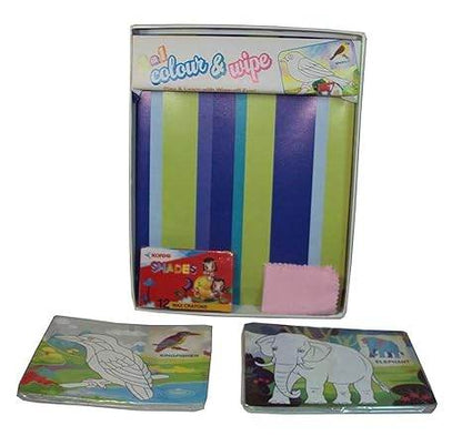Ekta 2in1 colour & wipe set featuring colorful animal illustrations for kids ages 3 and up, inspired by game animal crossing wild world