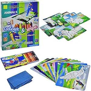 Ekta 2in1 colour & wipe set with colorful animal-themed activity cards for children