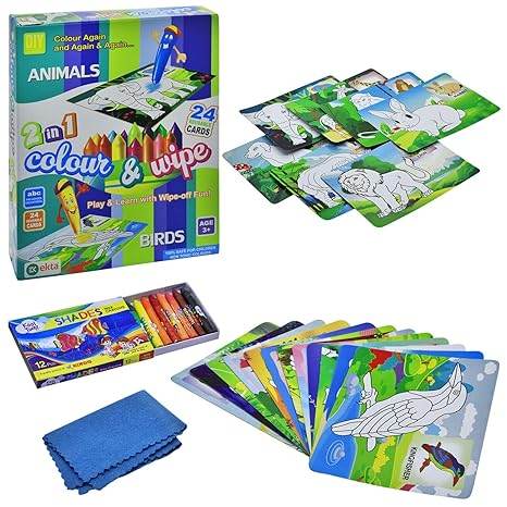 Ekta 2in1 colour & wipe animal cards with 24 colorful designs for ages 3 and up