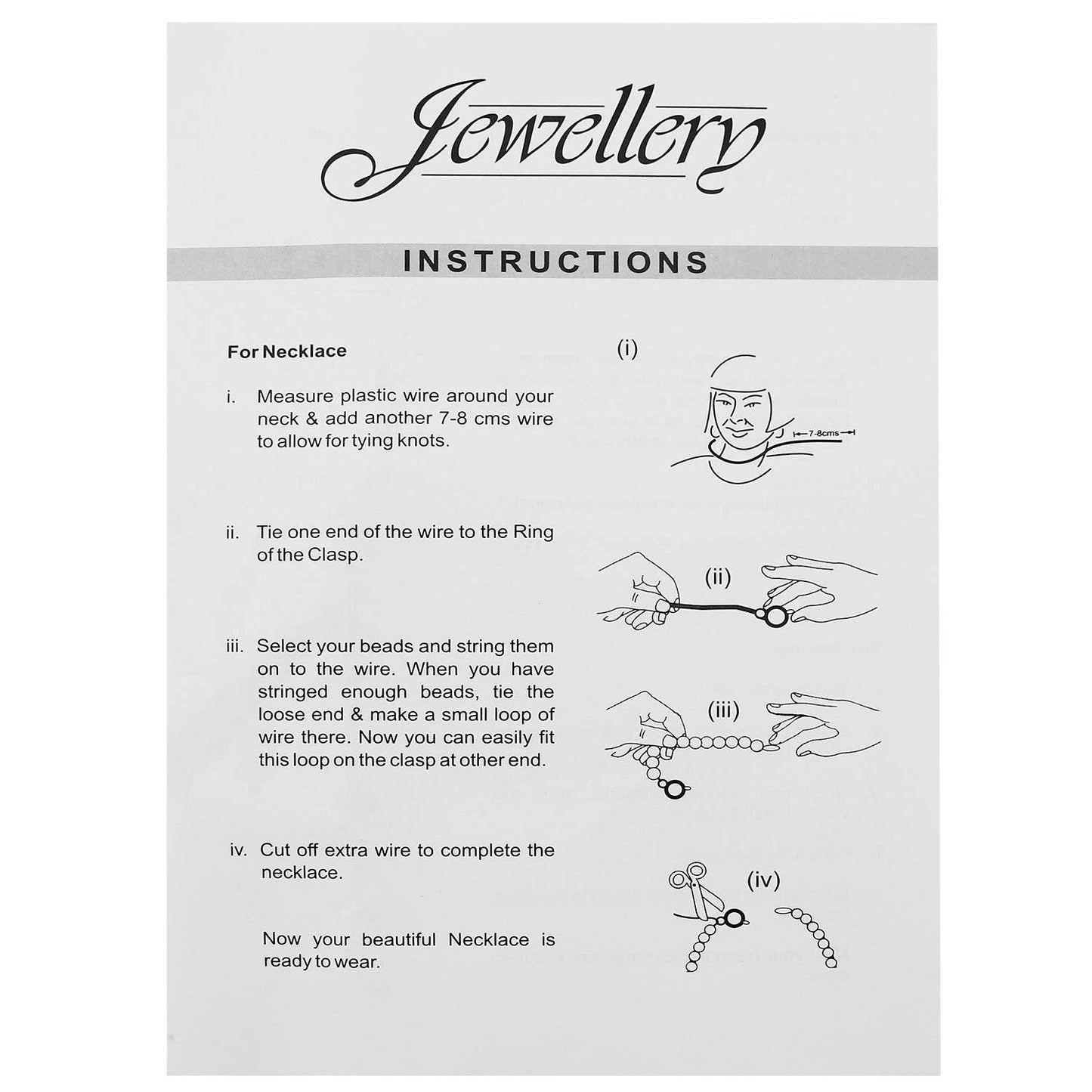 Instruction sheet for Ekta Jewellery Boutique junior game detailing necklace assembly steps with illustrations