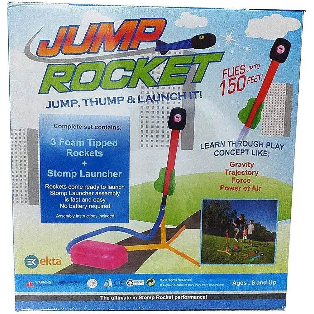 EKTA Jump Rocket Stomp Launcher and 3 Foam Tipped Rockets with Whistling Sound Outdoor Toy for Kids (Flies Upto 150ft, Non- Toxic, No Battery, Age 5+ Years), Multicolour - T-Rex the toyland Sitamarhi