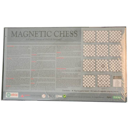 Ekta magnetic chess board for kids showing game instructions and different board setups on packaging