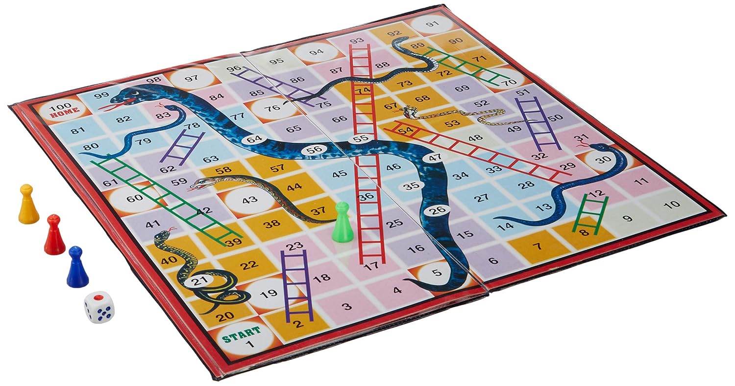 Ekta magnetic ludo snakes and ladders board game with colorful board, dice, and game pieces