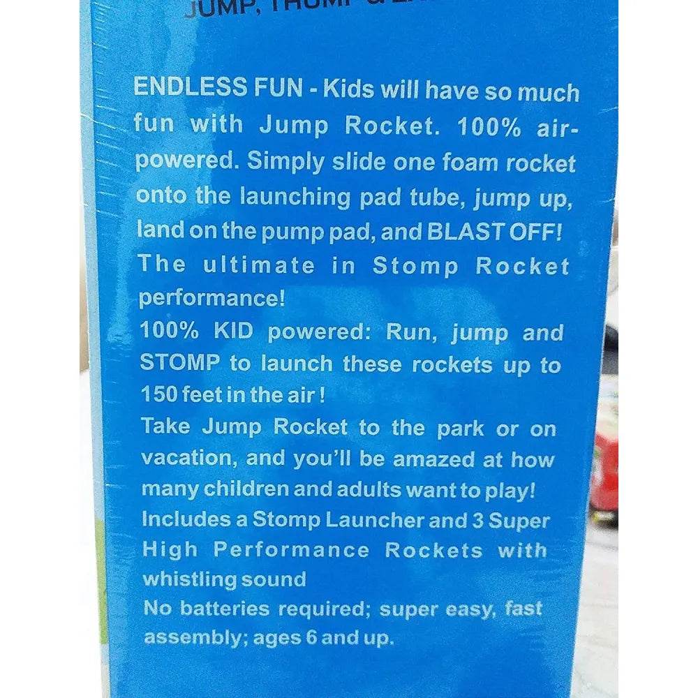 Jump Rocket outdoor toy in blue for kids aged 6 and up, designed for launching foam rockets up to 150 feet