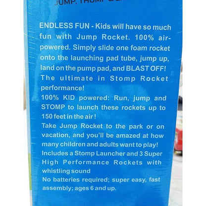 Jump Rocket outdoor toy in blue for kids aged 6 and up, designed for launching foam rockets up to 150 feet