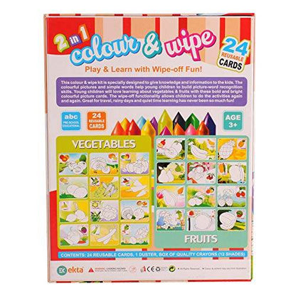 Ekta reusable coloring activity set for kids with 24 wipe-off cards featuring vegetables and fruits