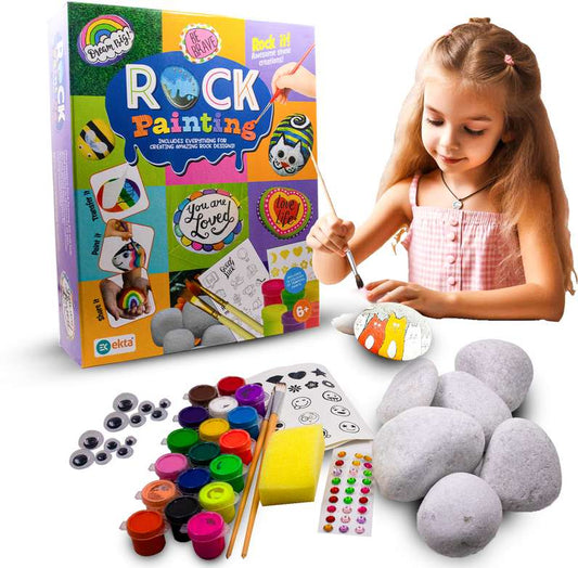 Rock painting kit for kids with colorful paints brushes stones and decorative stickers for creative fun