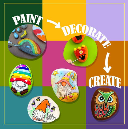 Colorful painted rocks including a rainbow, monster, gnome, and owl in a rock painting kit for kids